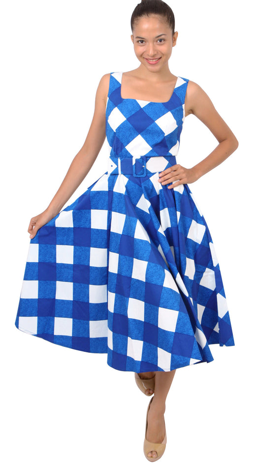 Sleeveless | Stella Check | White Sea Blue | Front-1 | Dress By Samantha Sung