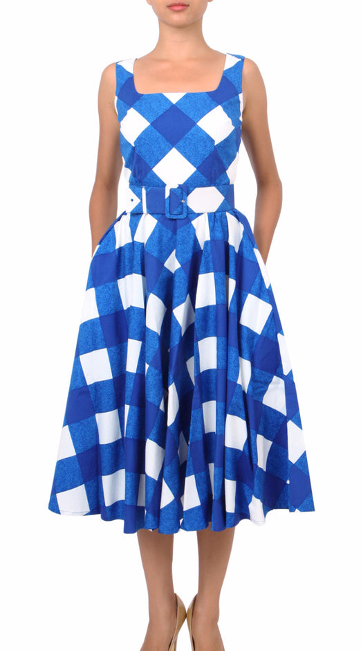 Sleeveless | Stella Check | White Sea Blue | Front-1 | Dress By Samantha Sung