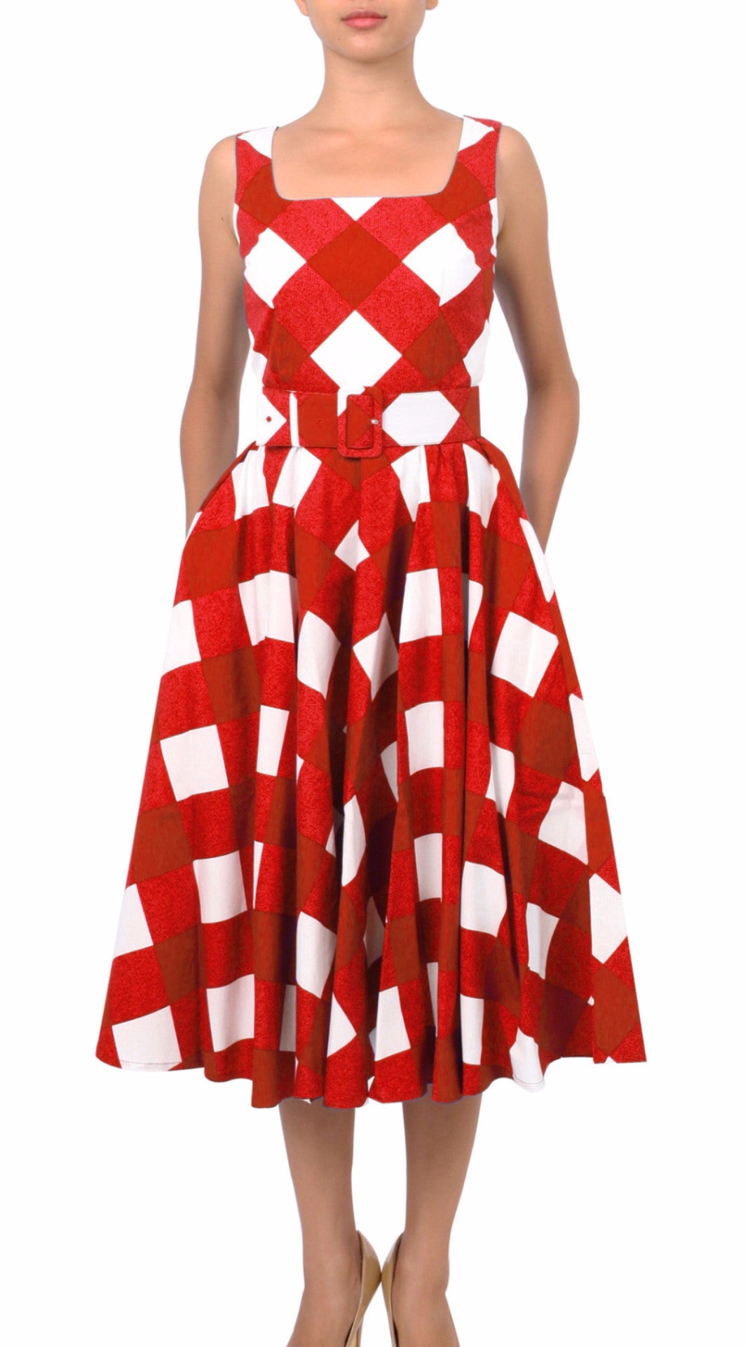 Sleeveless | Stella Check | White Indian Red | Front | Dress By Samantha Sung