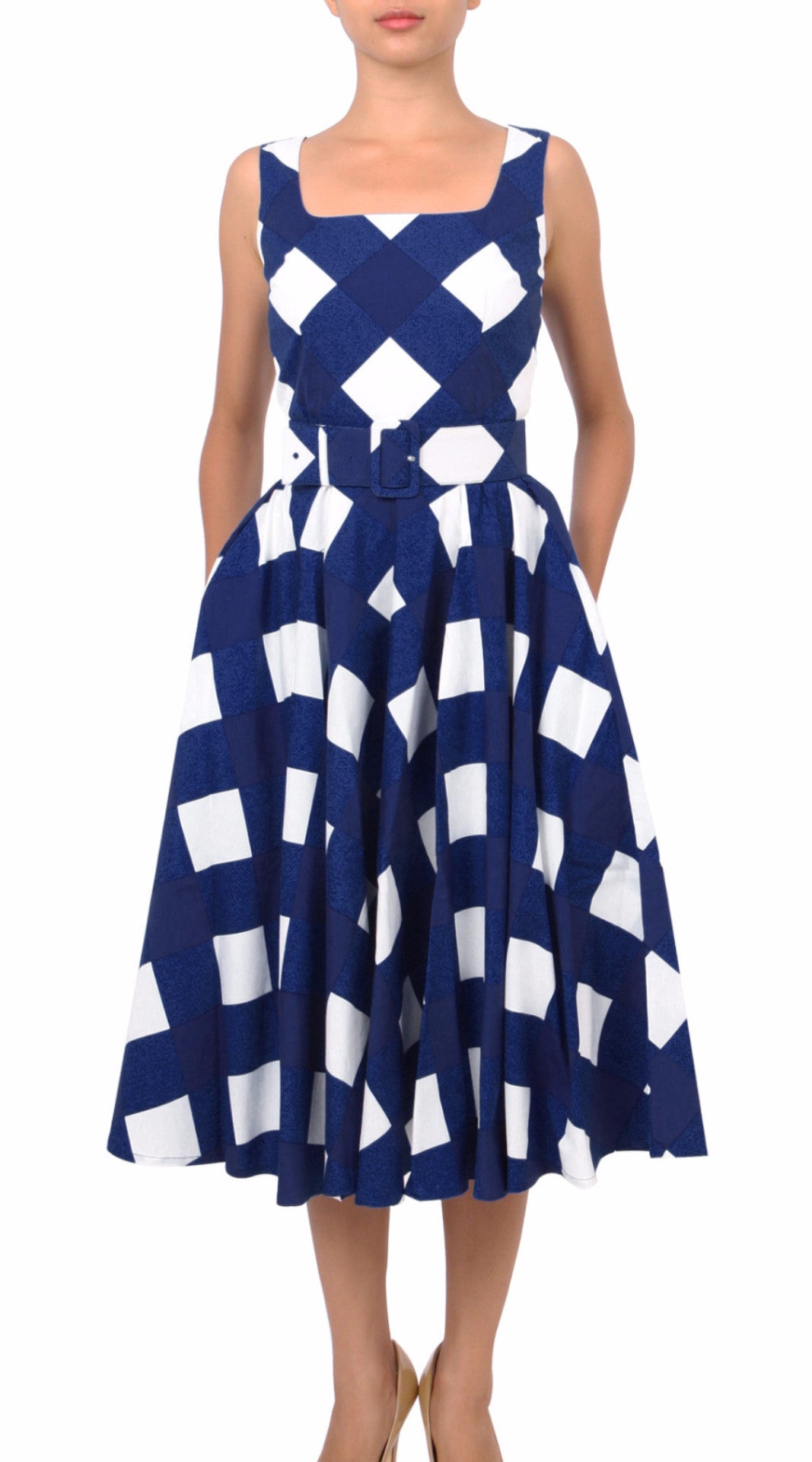 Sleeveless | Stella Check | White Indigo | Front | Dress By Samantha Sung