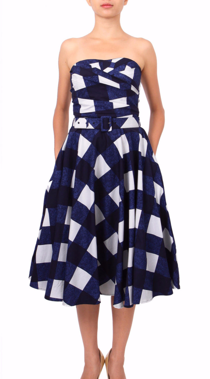Strapless | Stella Check | White indigo | Front | Dress By Samantha Sung