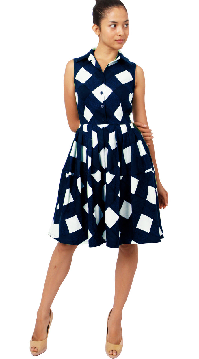 Sleeveless | Stella Check | White Indigo | Front | Shirt Dress By Samantha Sung