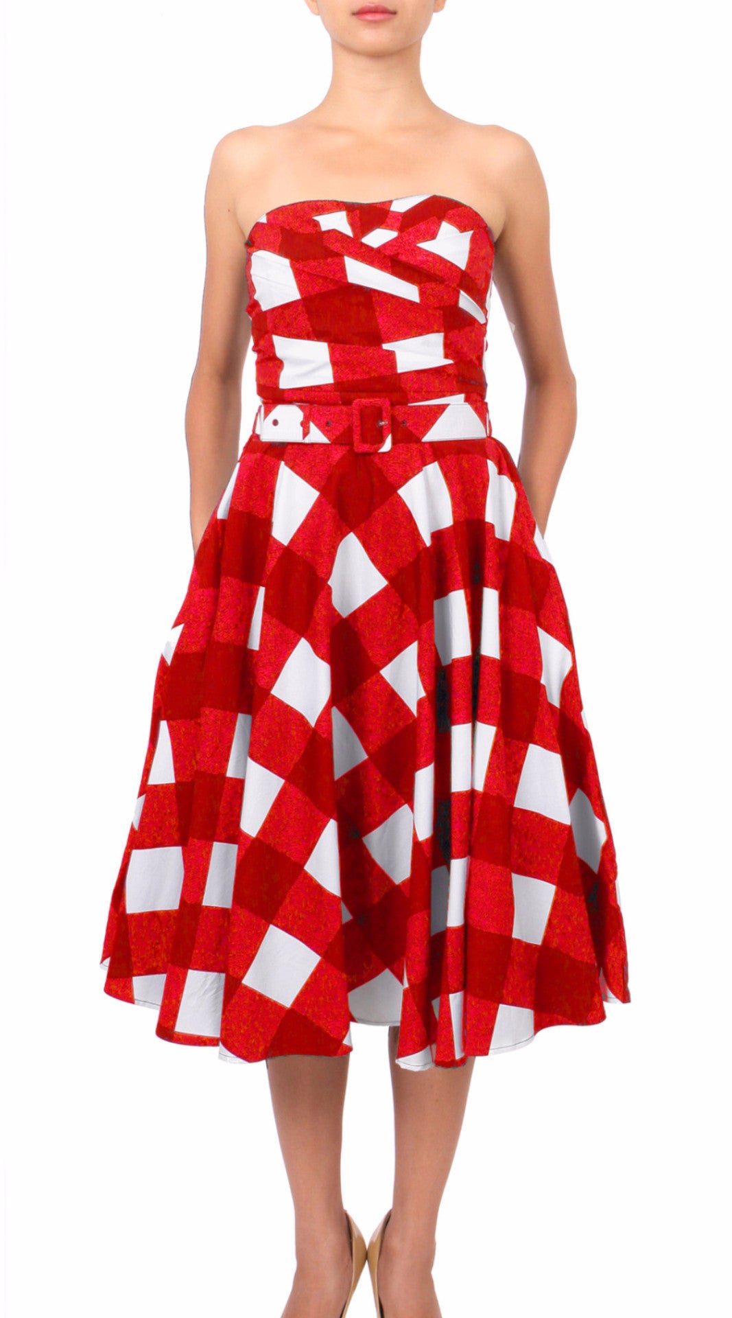 Strapless | Stella Check | White Indian Red | Front | Dress By Samantha Sung