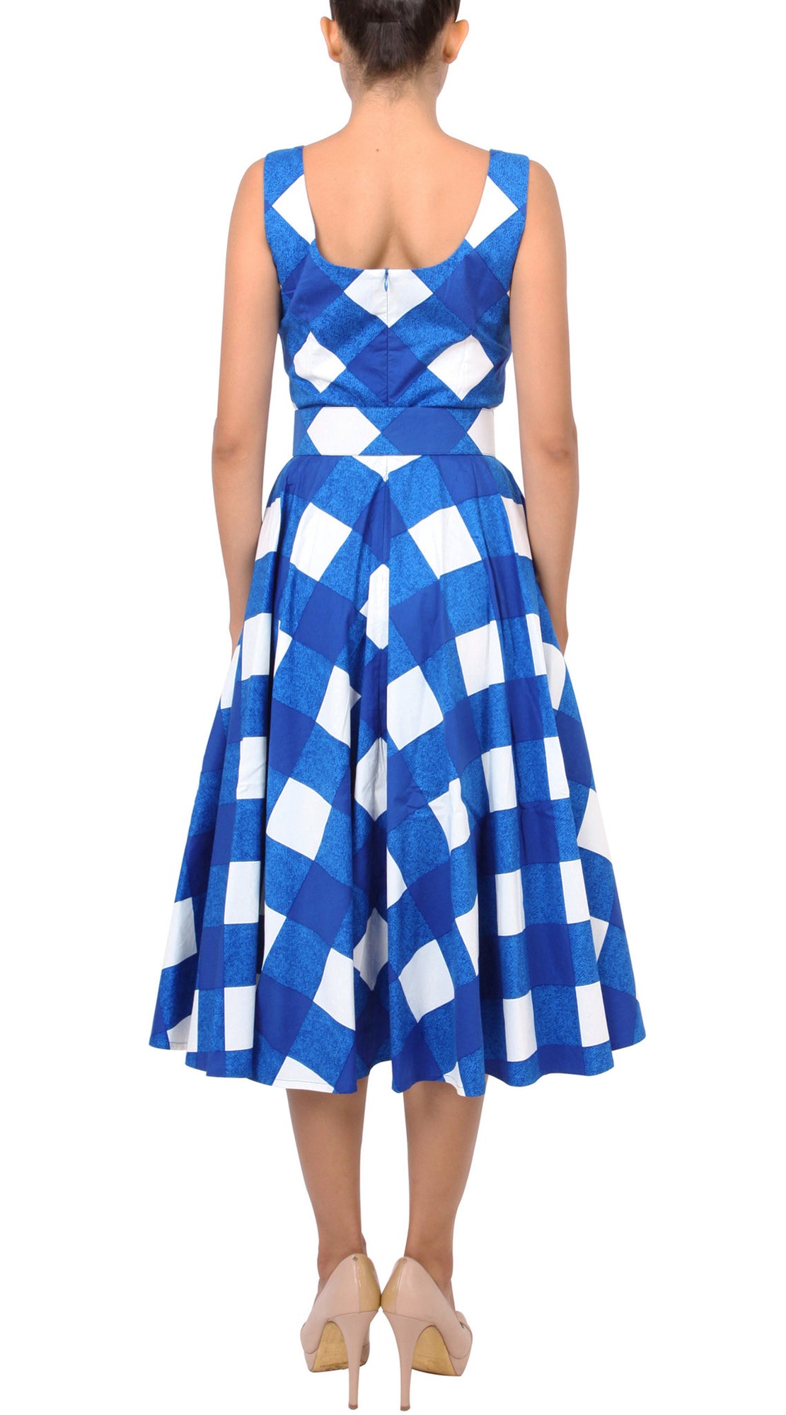 Sleeveless | Stella Check | White Sea Blue | Back | Dress By Samantha Sung