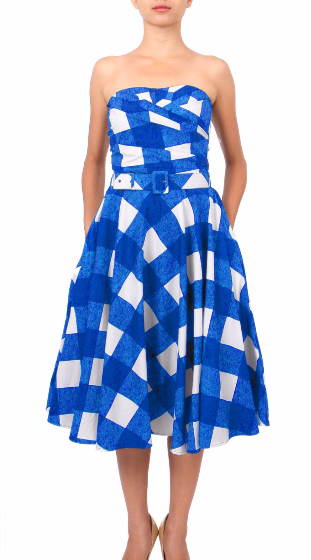 Strapless | Stella Check | White Sea Blue | Front | Dress By Samantha Sung