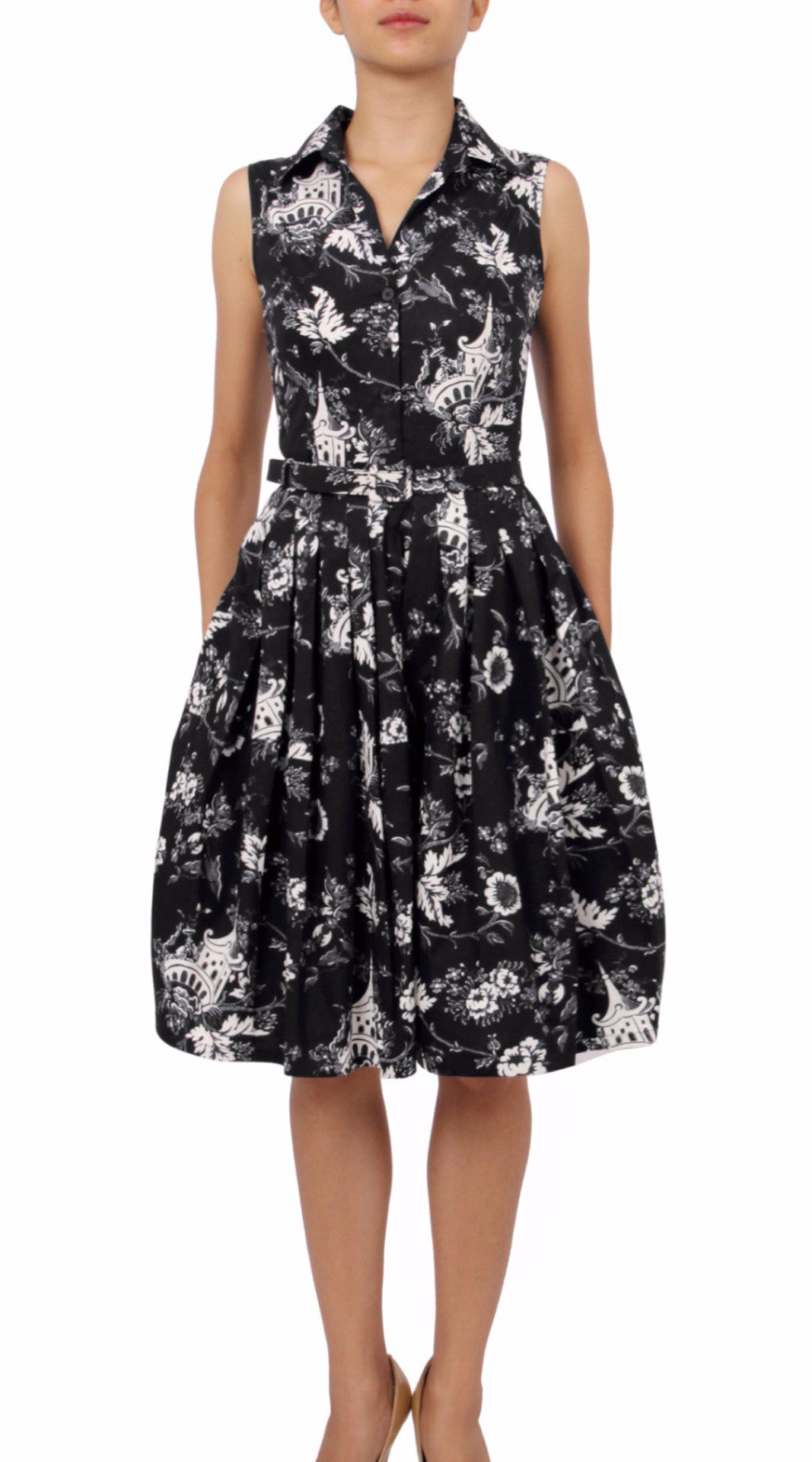 Sleeveless | Sunshine Indigo | Black White | Front | Shirt Dress By Samantha Sung