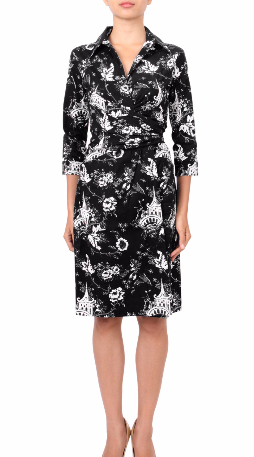 3/4 Sleeve | Sunshine Indigo | Black White | Front | Shirt Dress By Samantha Sung