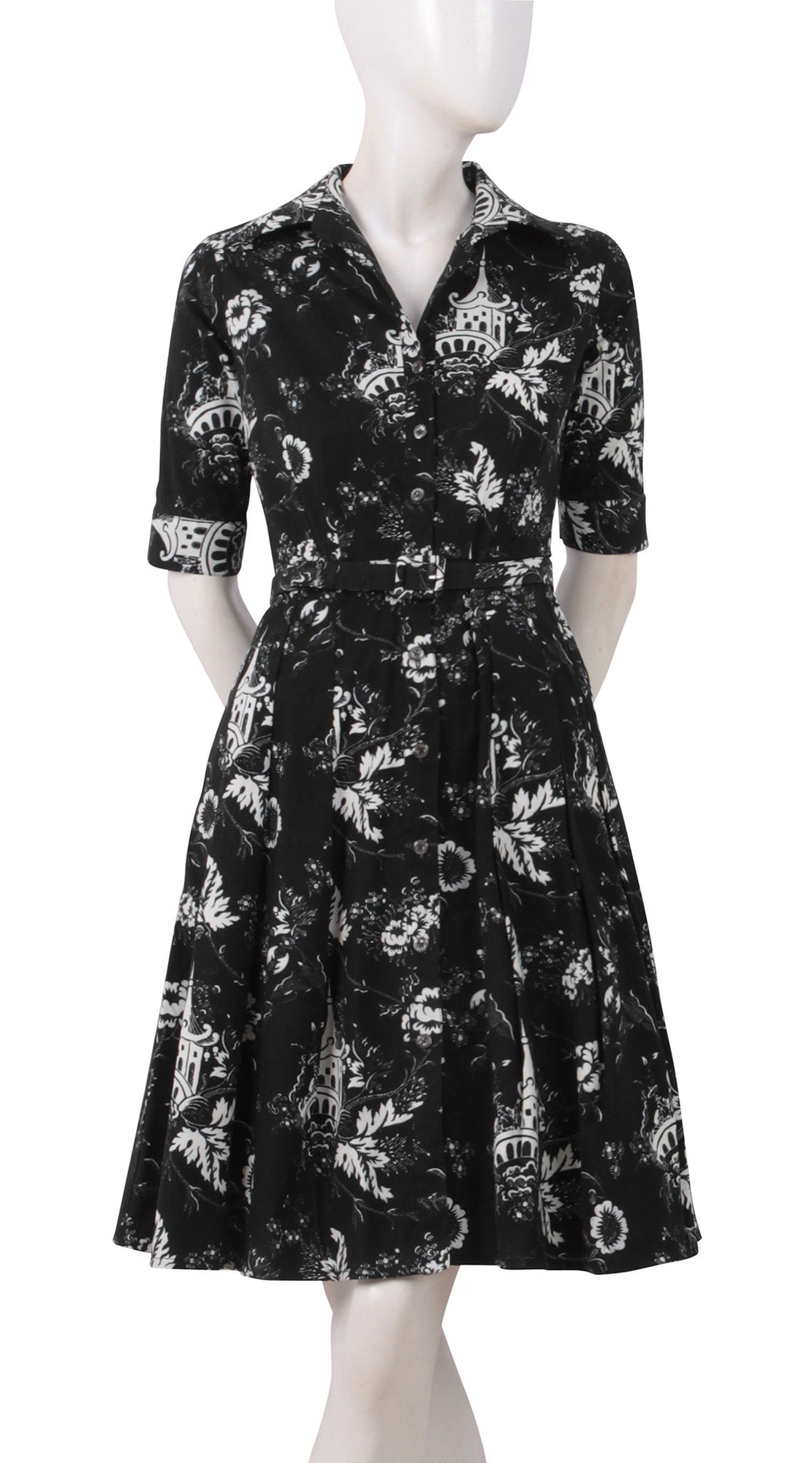 1/2 Sleeve | Sunshine Indigo | Black White | Front | Shirt Dress By Samantha Sung