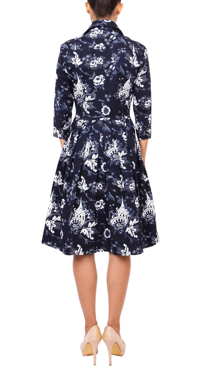 3/4 Sleeve | Sunshine Indigo | Indigo White | Back | Shirt Dress By Samantha Sung