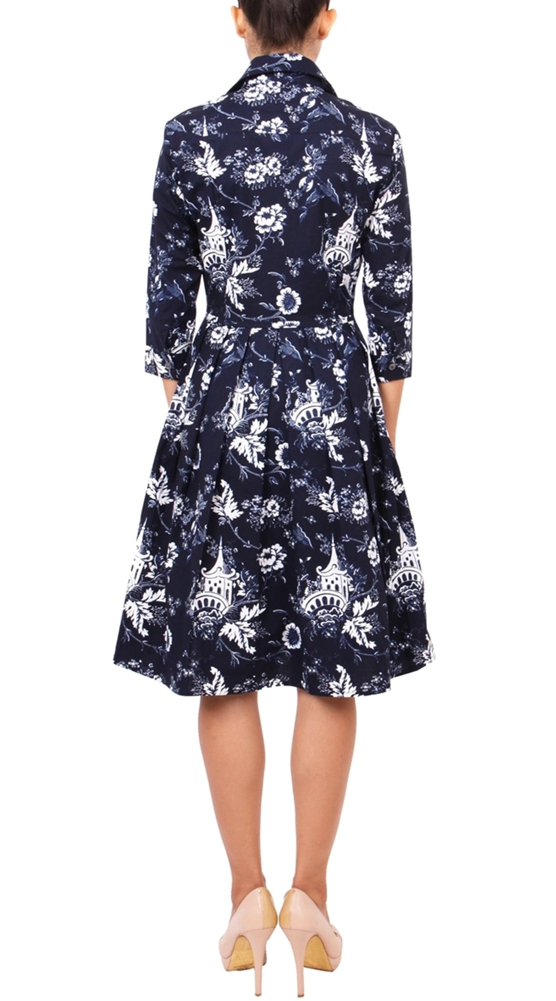 3/4 Sleeve | Sunshine Indigo | Indigo White | Back | Shirt Dress By Samantha Sung