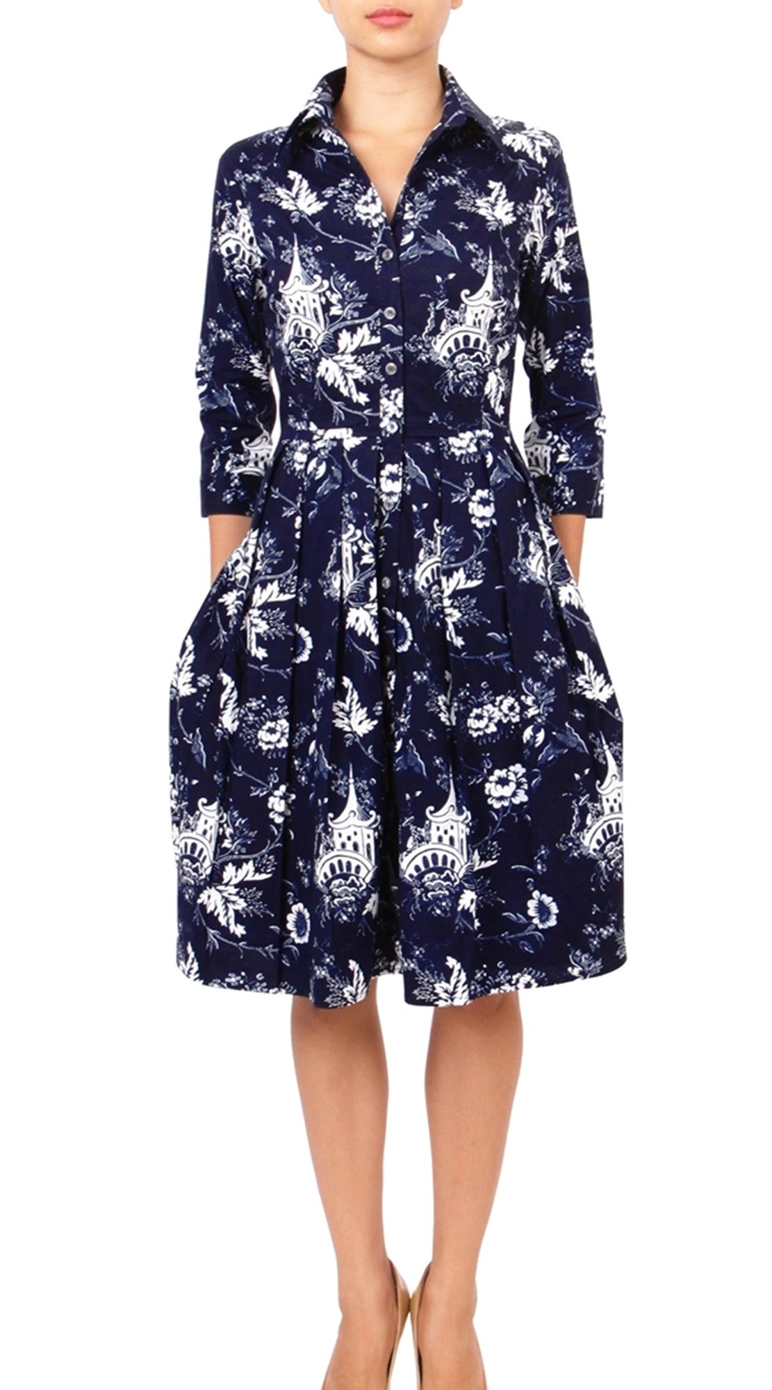 3/4 Sleeve | Sunshine Indigo | Indigo White | Front | Shirt Dress By Samantha Sung