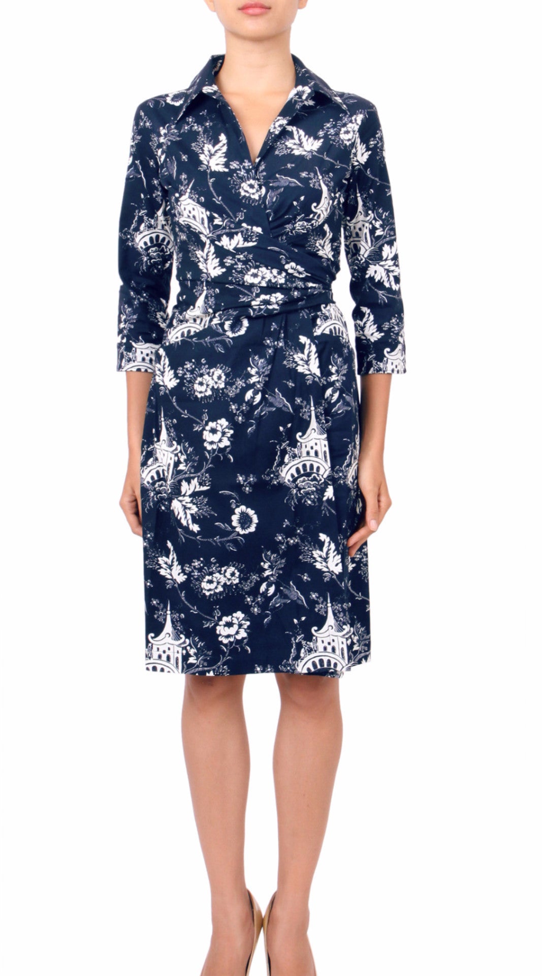 3/4 Sleeve | Sunshine Indigo | Indigo White | Front | Shirt Dress By Samantha Sung