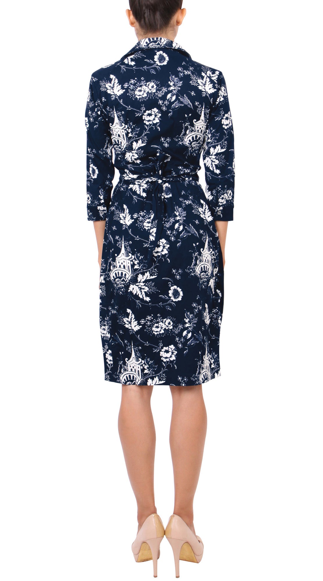3/4 Sleeve | Sunshine Indigo | Indigo White | Back | Shirt Dress By Samantha Sung