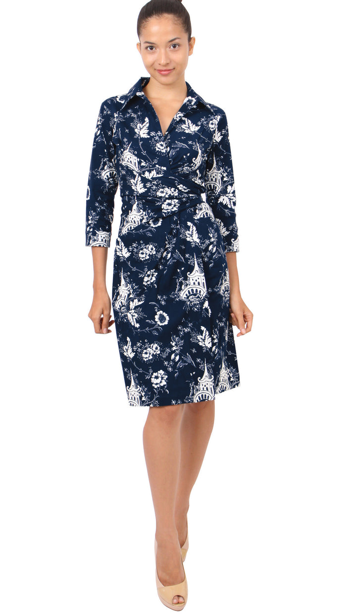 3/4 Sleeve | Sunshine Indigo | Indigo White | Front-1 | Shirt Dress By Samantha Sung