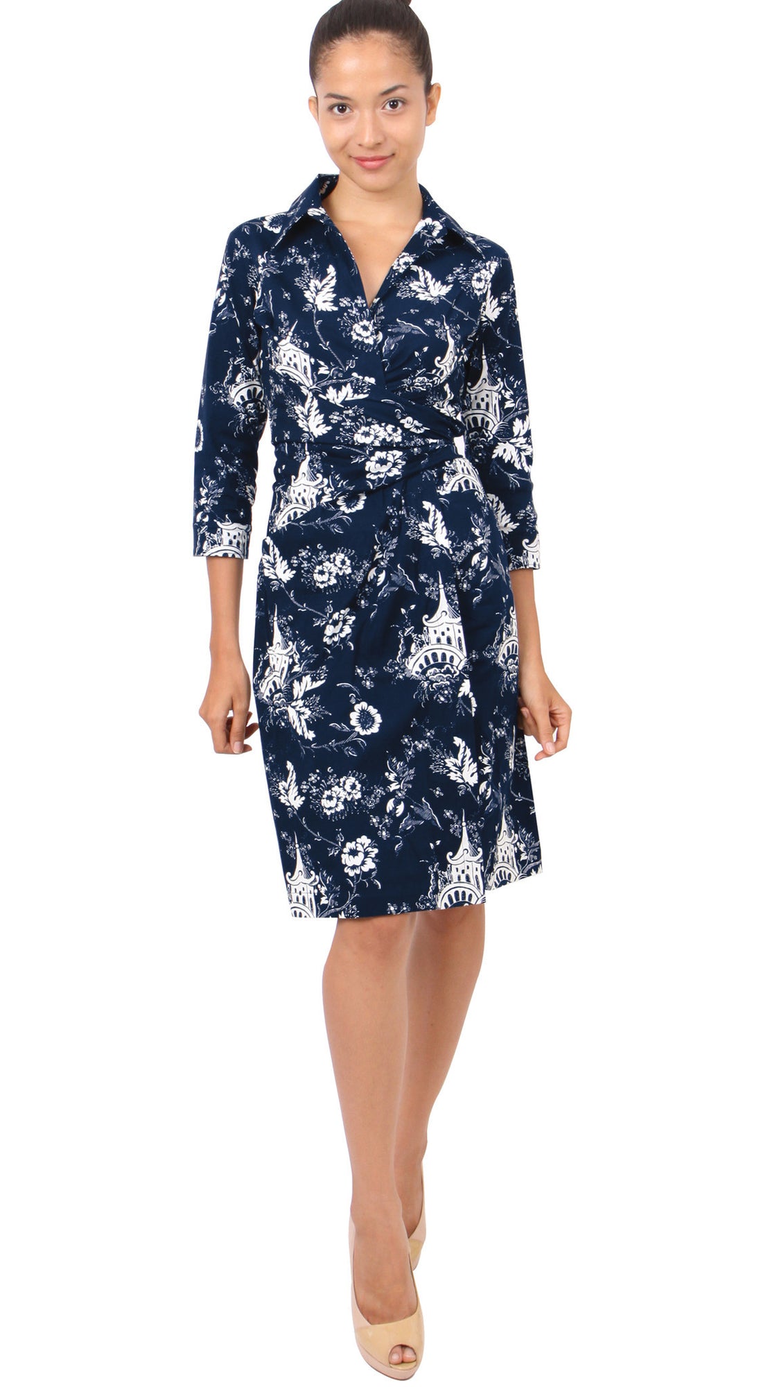 3/4 Sleeve | Sunshine Indigo | Indigo White | Front-1 | Shirt Dress By Samantha Sung