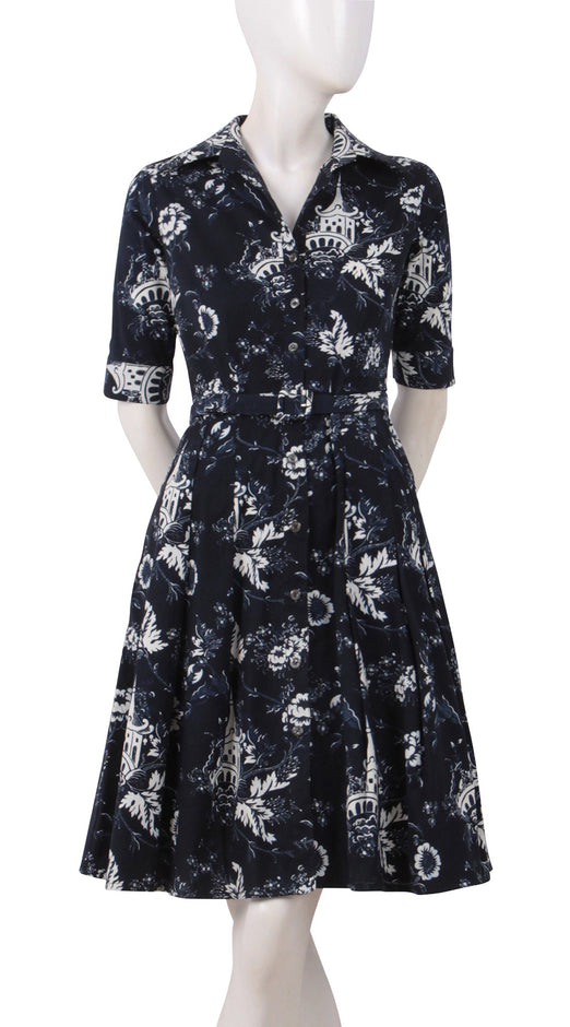 1/2 Sleeve | Sunshine Indigo | Black White | Front | Shirt Dress By Samantha Sung