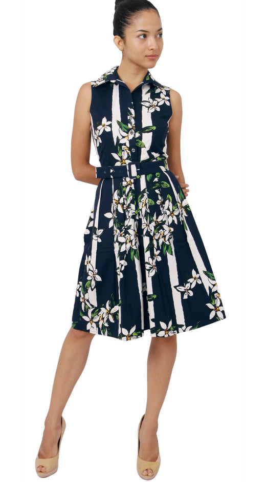 Sleeveless | Ti Flower | Indigo White | Front-1 | Shirt Dress By Samantha Sung