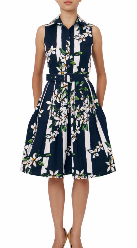 Sleeveless | Ti Flower | Indigo White | Front-1 | Shirt Dress By Samantha Sung