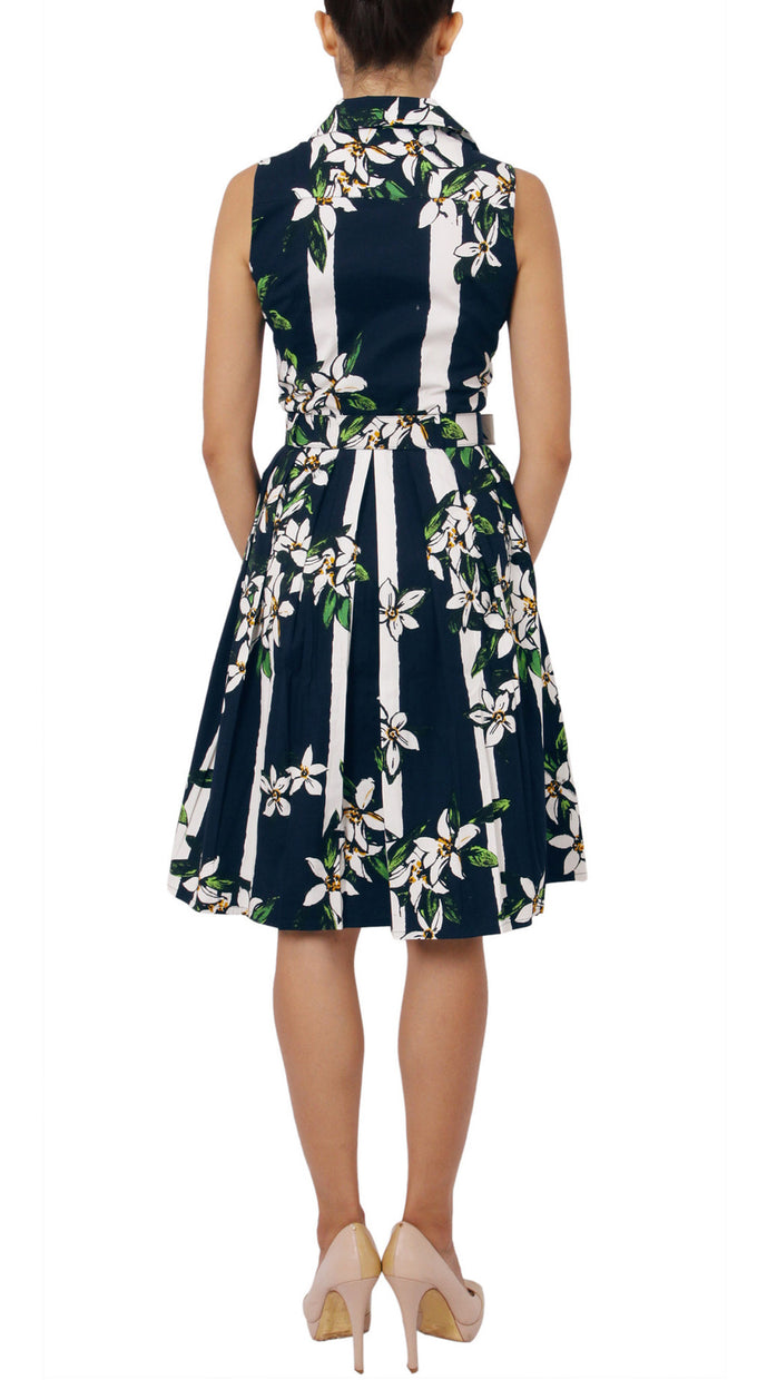 Sleeveless | Ti Flower | Indigo White | Back | Shirt Dress By Samantha Sung