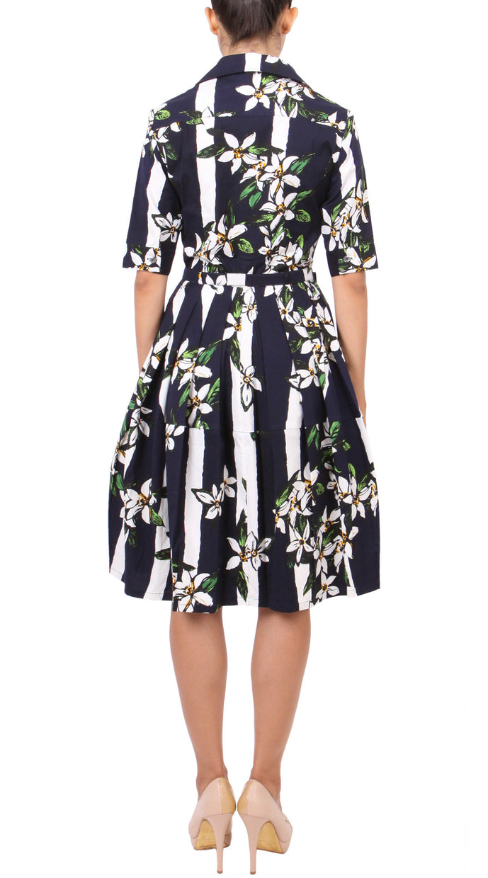1/2 Sleeve | Ti Flower | Indigo White | Back | Shirt Dress By Samantha Sung