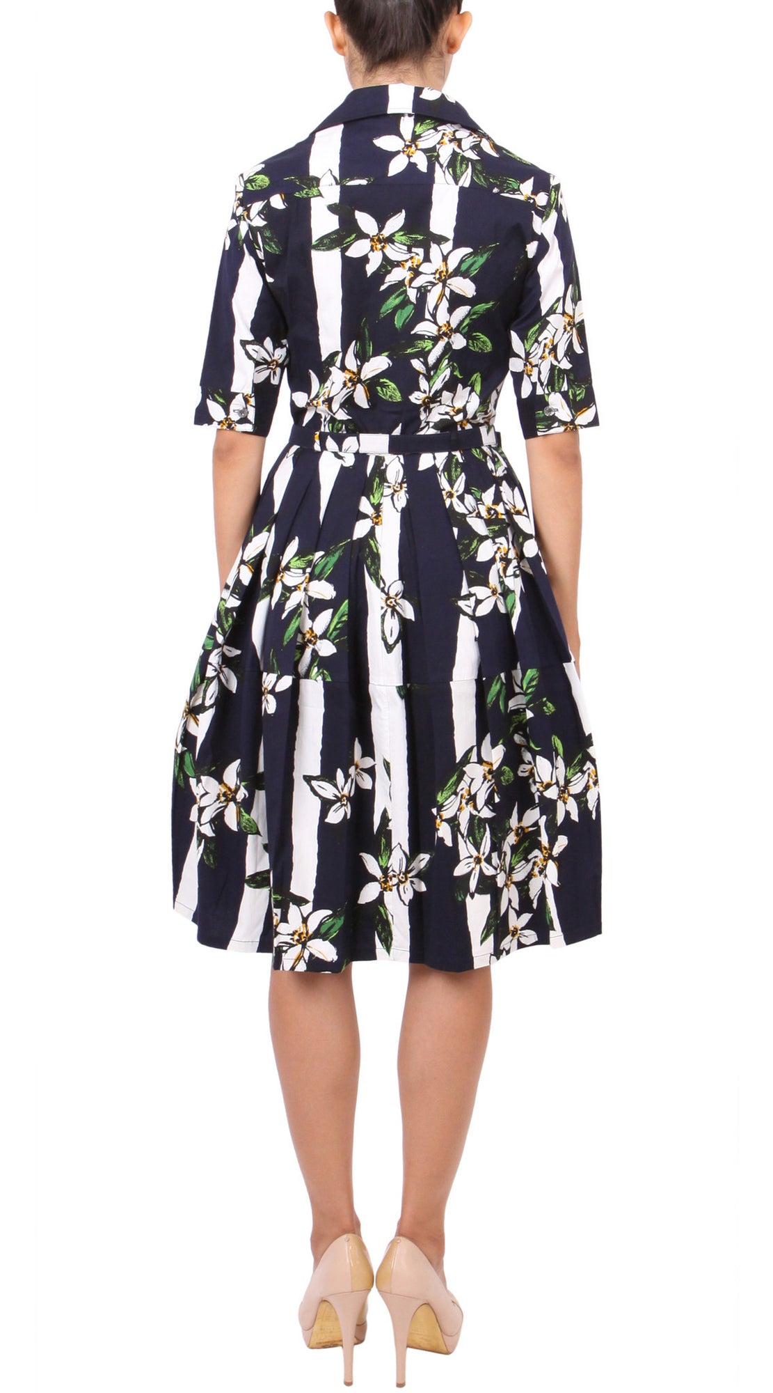 1/2 Sleeve | Ti Flower | Indigo White | Back | Shirt Dress By Samantha Sung