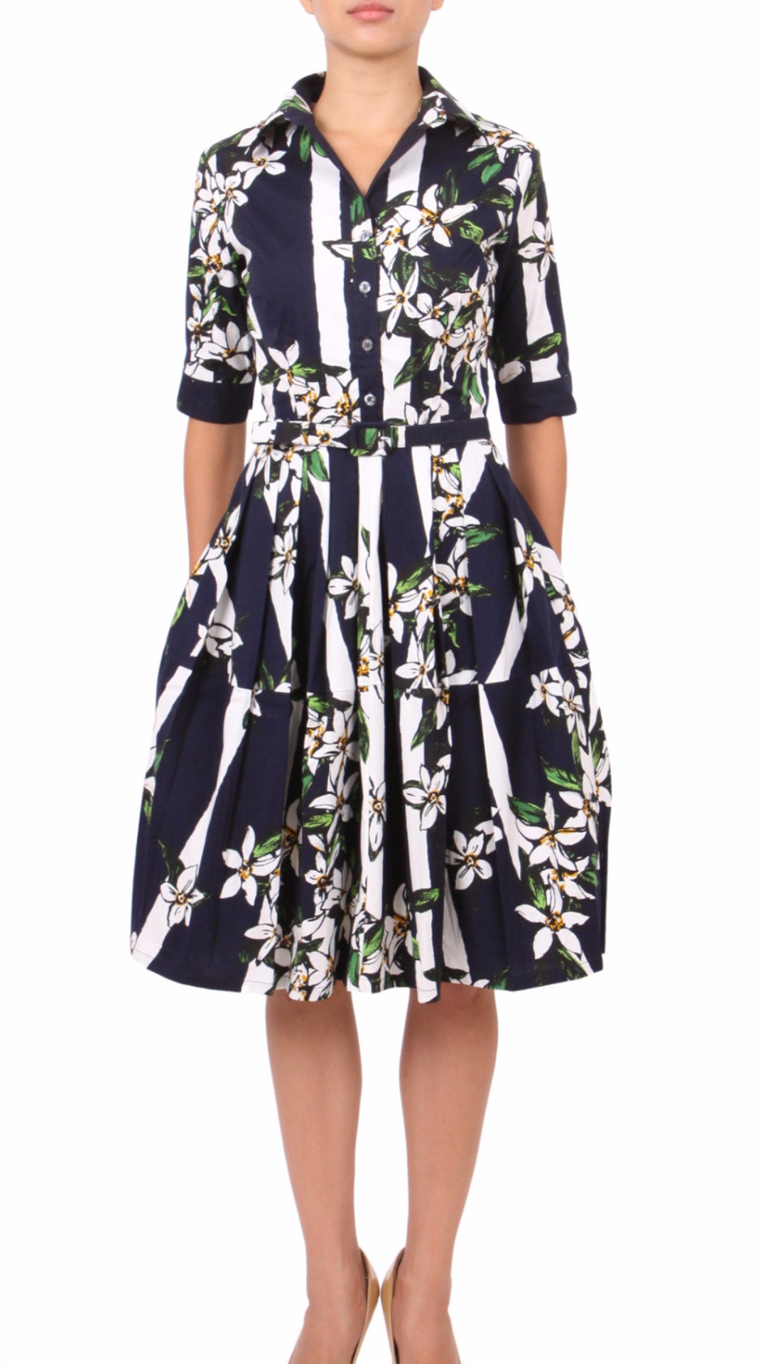 1/2 Sleeve | Ti Flower | Indigo White | Front | Shirt Dress By Samantha Sung