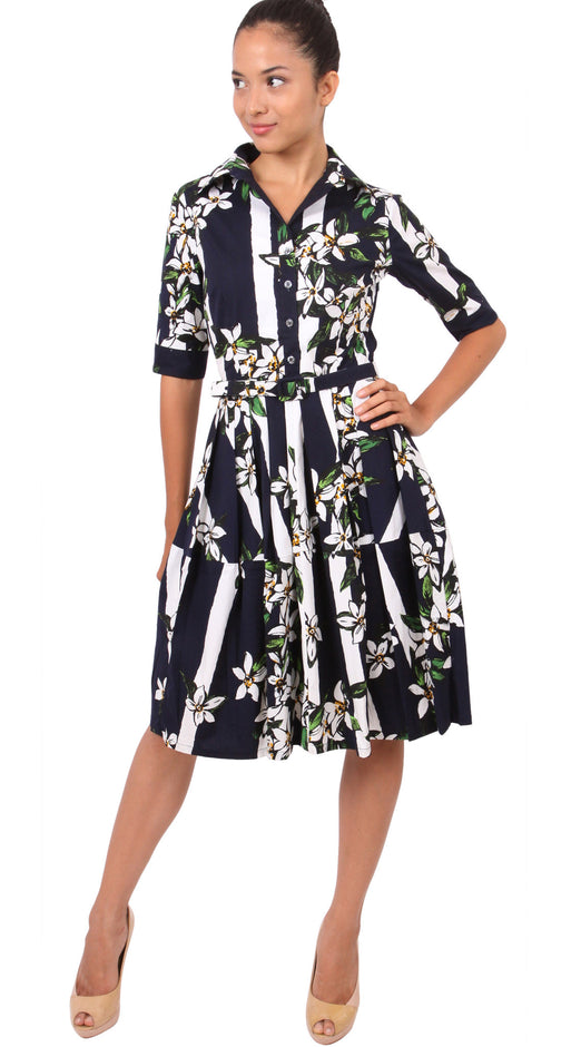 1/2 Sleeve | Ti Flower | Indigo White | Front-1 | Shirt Dress By Samantha Sung