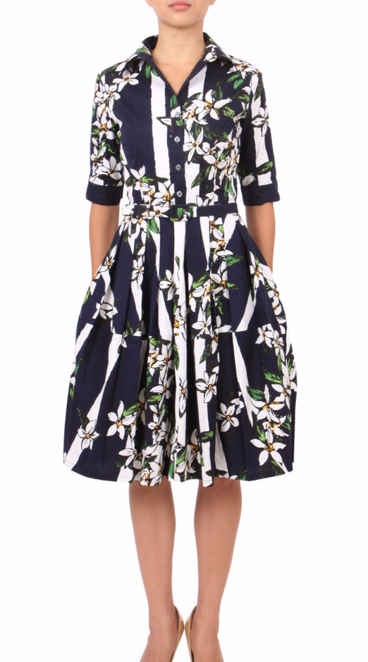 1/2 Sleeve | Ti Flower | Indigo White | Front-1 | Shirt Dress By Samantha Sung