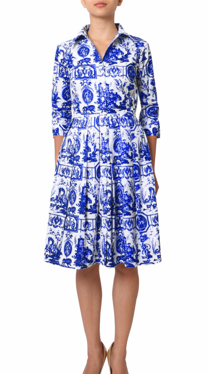 3/4 Sleeve | Toile du Jour | White Cobalt Blue | Front | Shirt Dress By Samantha Sung
