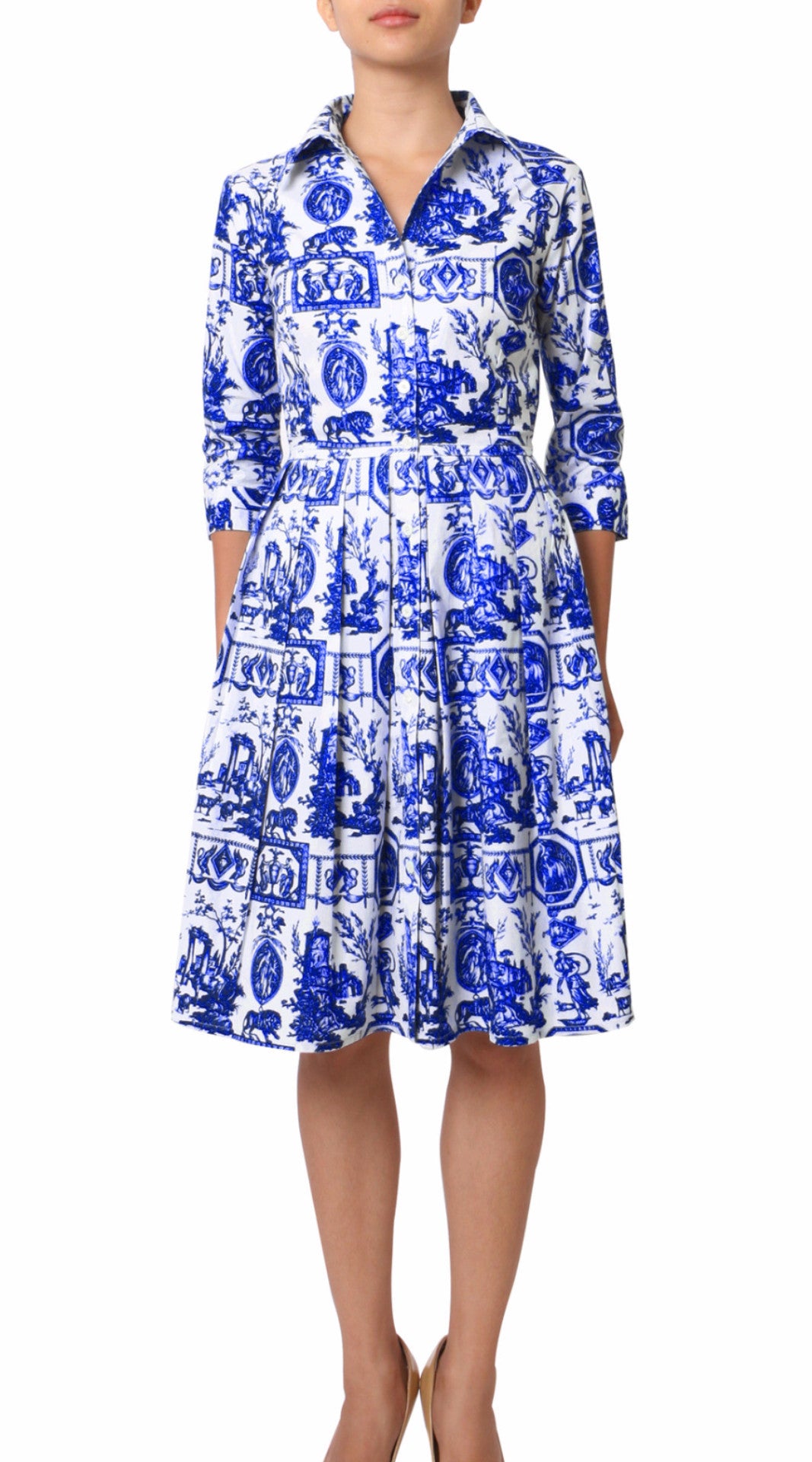 3/4 Sleeve | Toile du Jour | White Cobalt Blue | Front | Shirt Dress By Samantha Sung