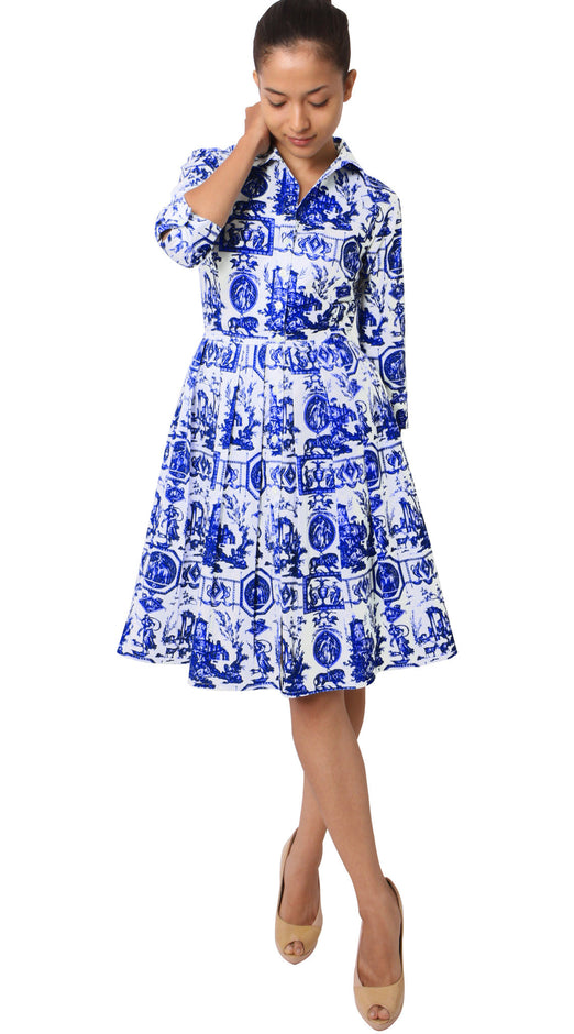 3/4 Sleeve | Toile du Jour | White Cobalt Blue | Front-1 | Shirt Dress By Samantha Sung