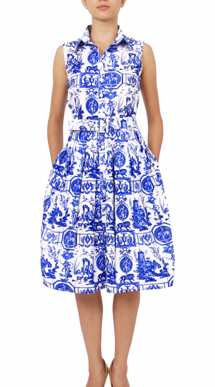 Sleeveless | Toile du Jour | White Cobalt Blue | Front | Shirt Dress By Samantha Sung