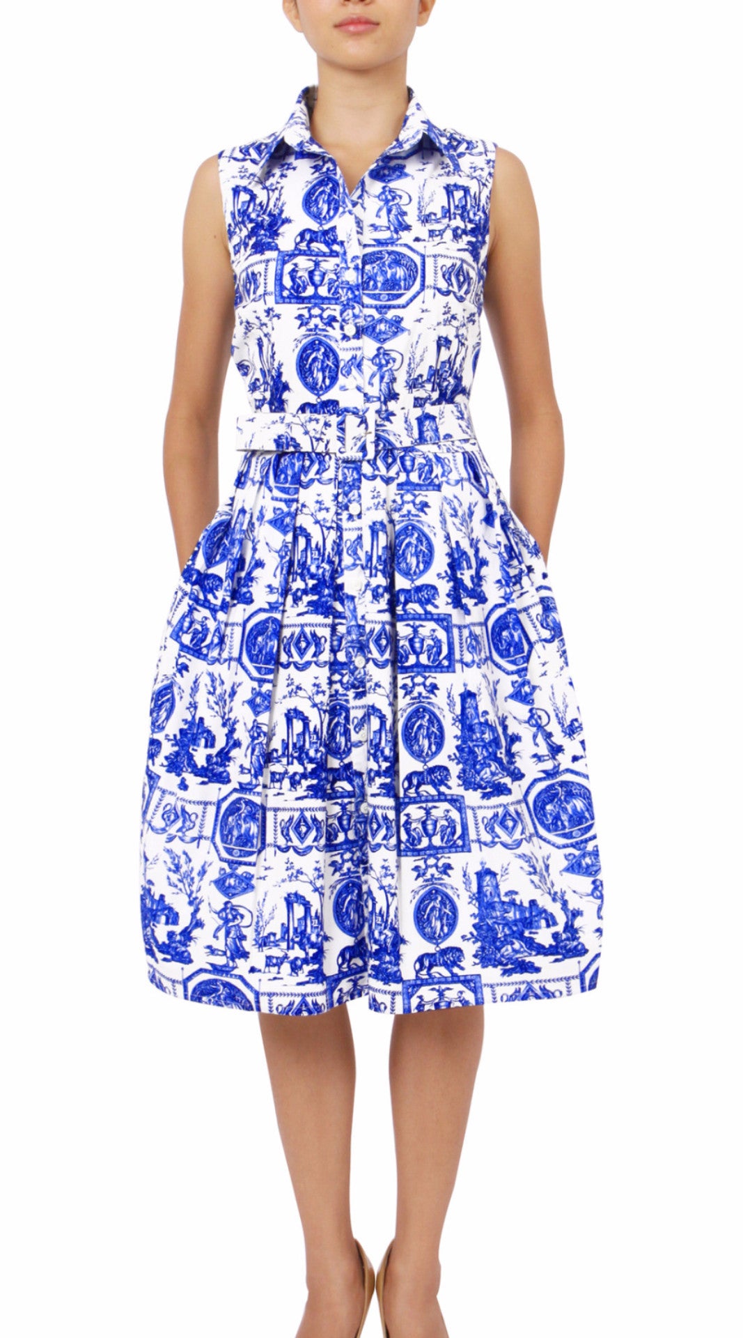 Sleeveless | Toile du Jour | White Cobalt Blue | Front | Shirt Dress By Samantha Sung