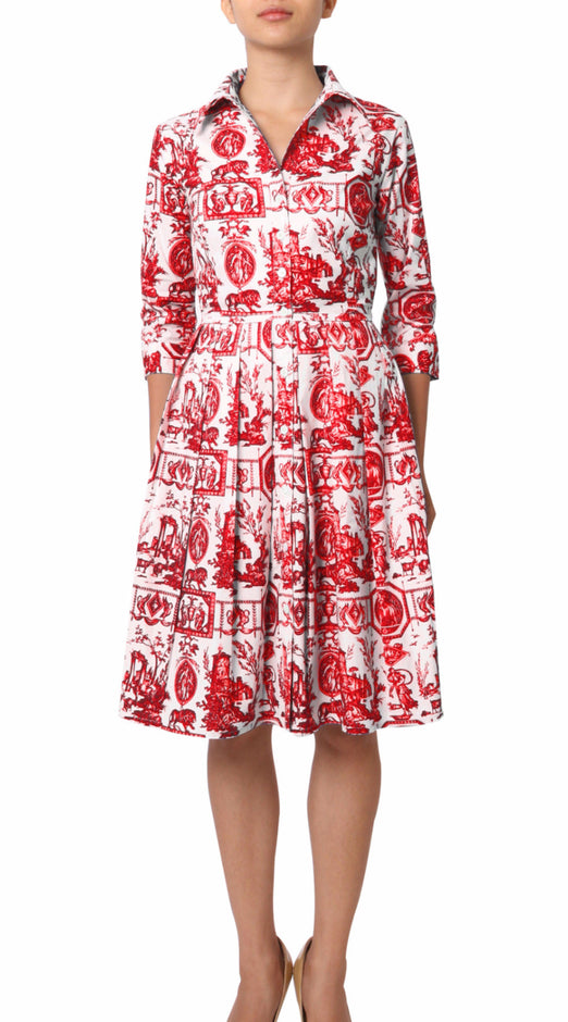 3/4 Sleeve | Toile du Jour | White Cobalt Blue | Front-1 | Shirt Dress By Samantha Sung