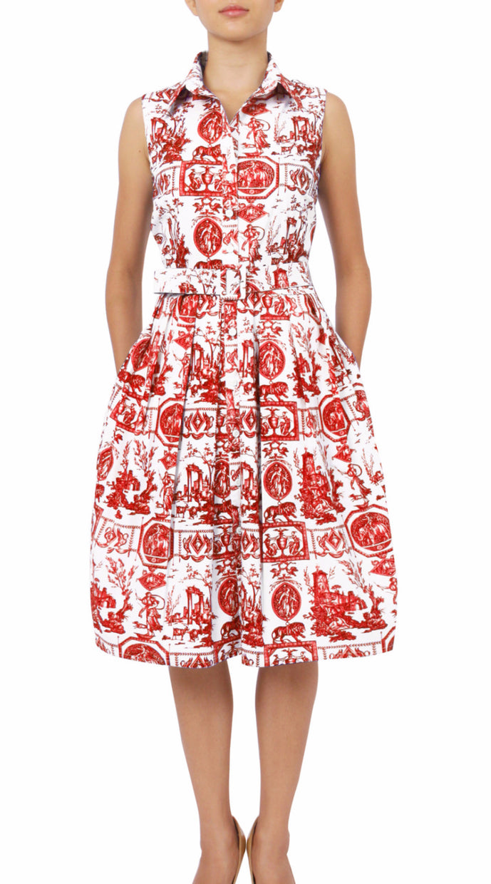 Sleeveless | Toile du Jour | White Scarlet Red | Front | Shirt Dress By Samantha Sung