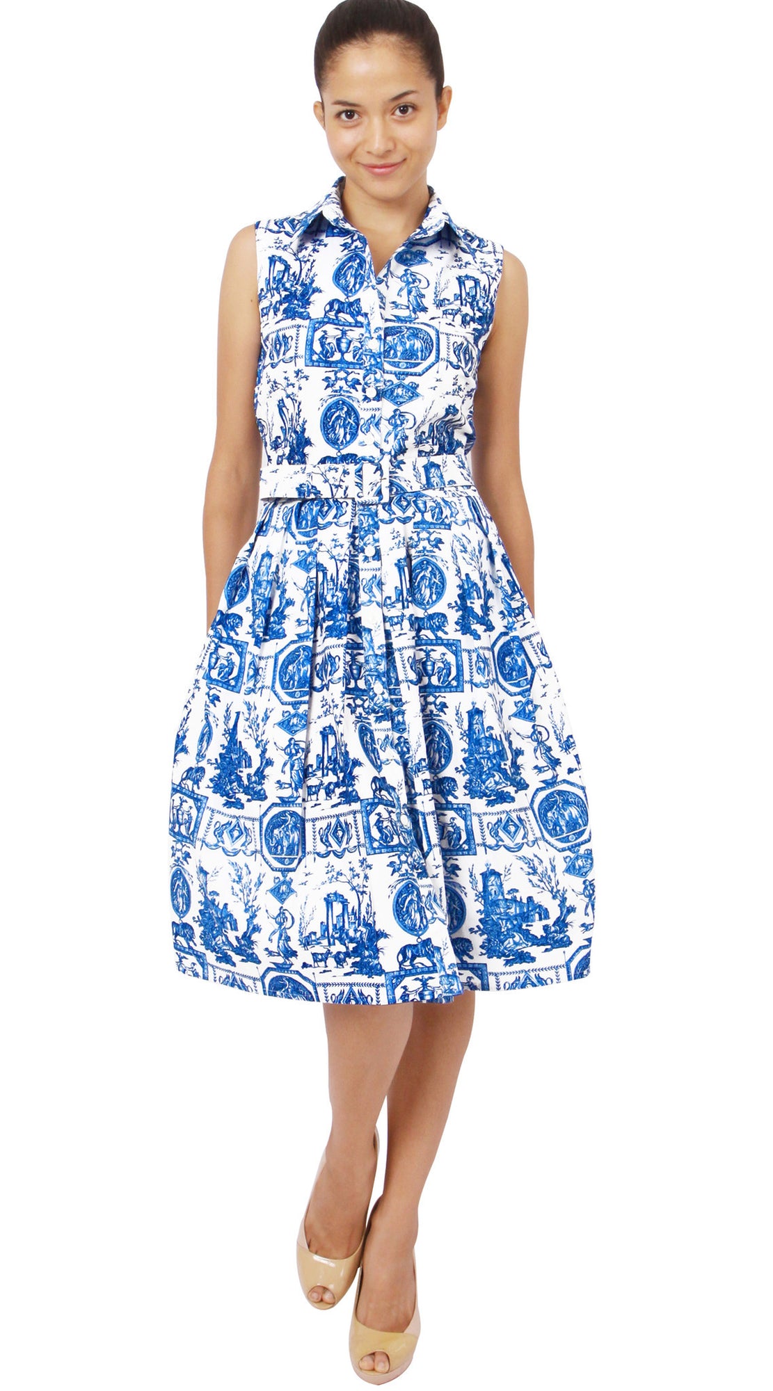 Sleeveless | Toile du Jour | White Sea Blue | Front-1 | Shirt Dress By Samantha Sung