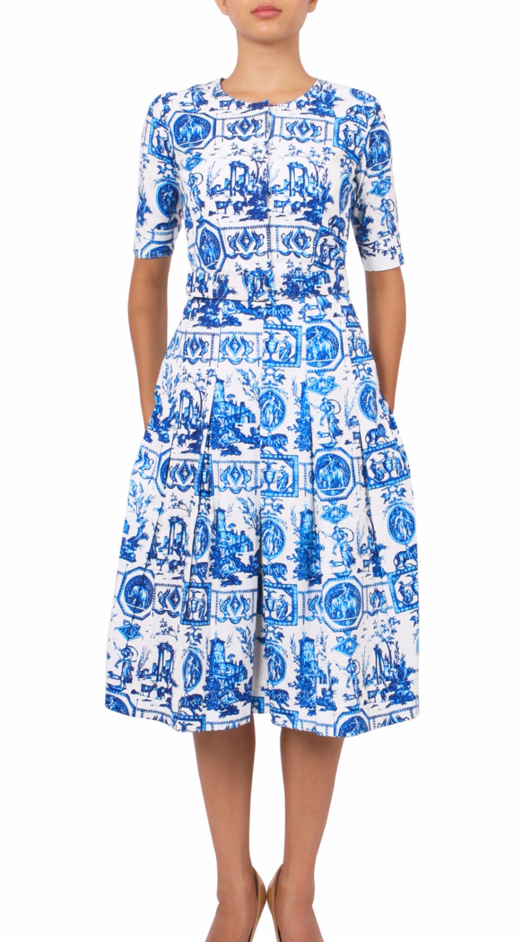 1/2 Sleeve | Toile du Jour | White Sea Blue | Front | Dress By Samantha Sung