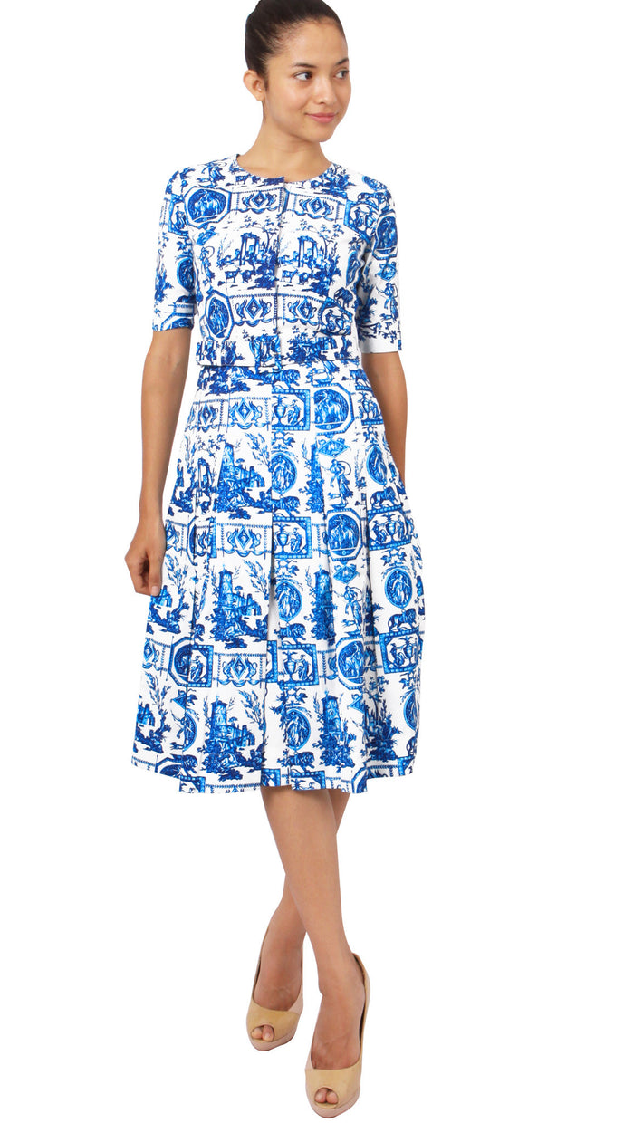 1/2 Sleeve | Toile du Jour | White Sea Blue | Front-1 | Dress By Samantha Sung