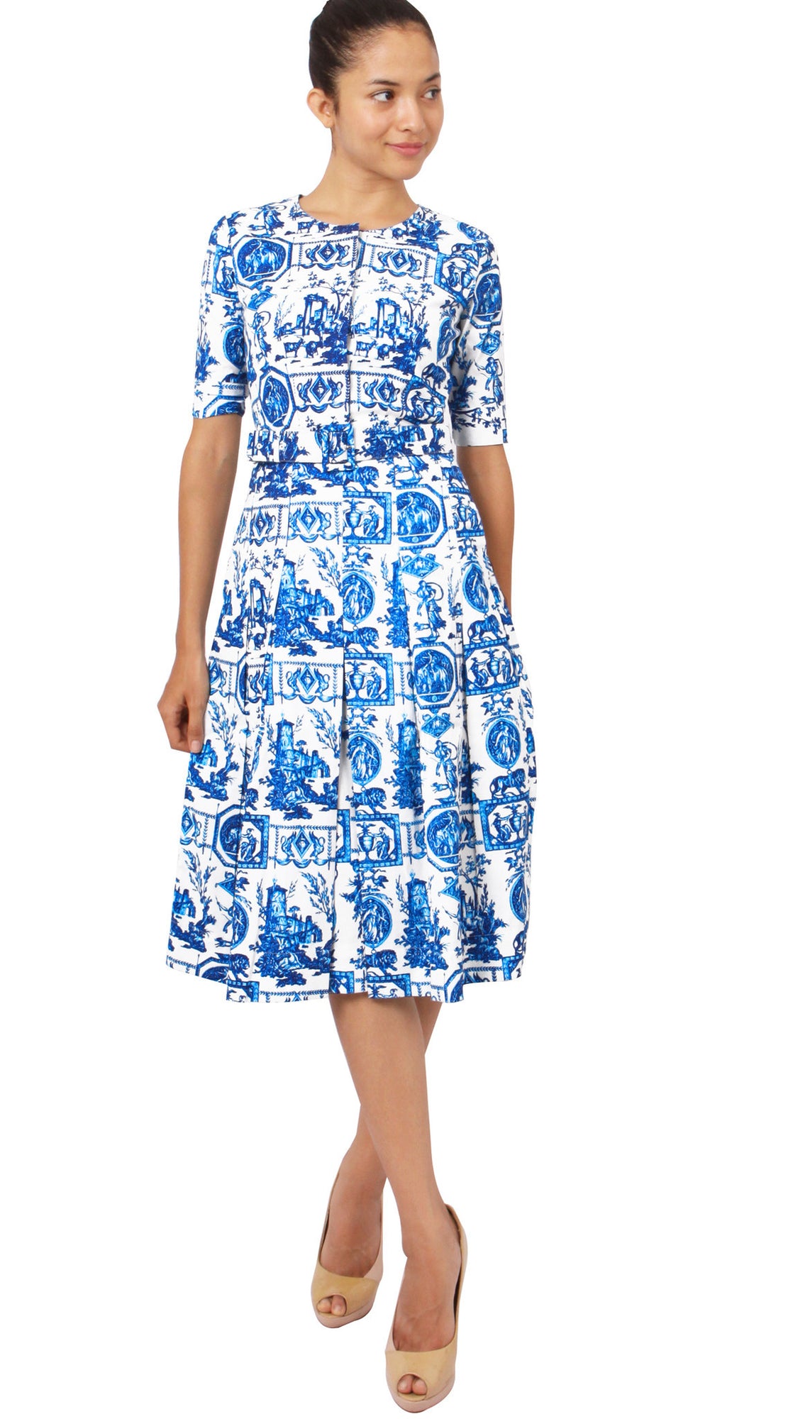 1/2 Sleeve | Toile du Jour | White Sea Blue | Front-1 | Dress By Samantha Sung