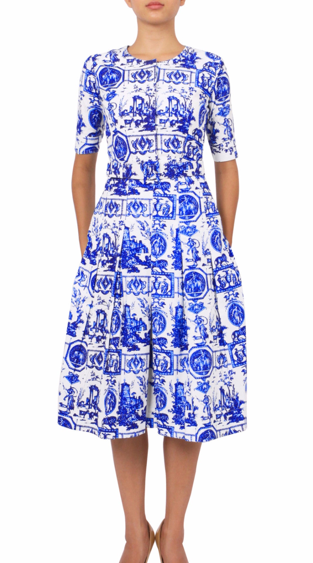 1/2 Sleeve | Toile du Jour | White Cobalt Blue | Front | Dress By Samantha Sung