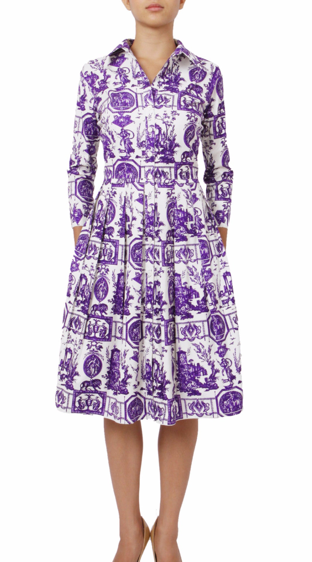 3/4 Sleeve | Toile du Jour | White Lilac | Front | Shirt Dress By Samantha Sung