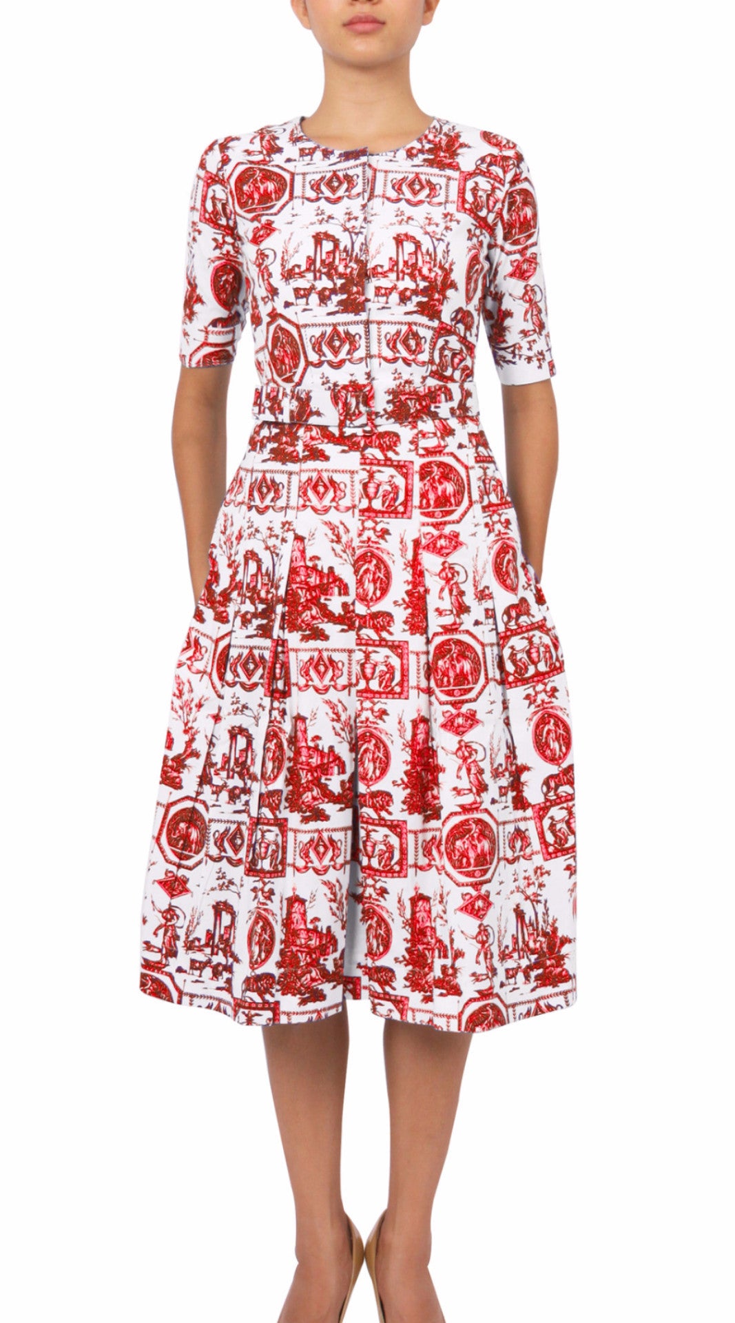 1/2 Sleeve | Toile du Jour | White Indian Red | Front | Dress By Samantha Sung
