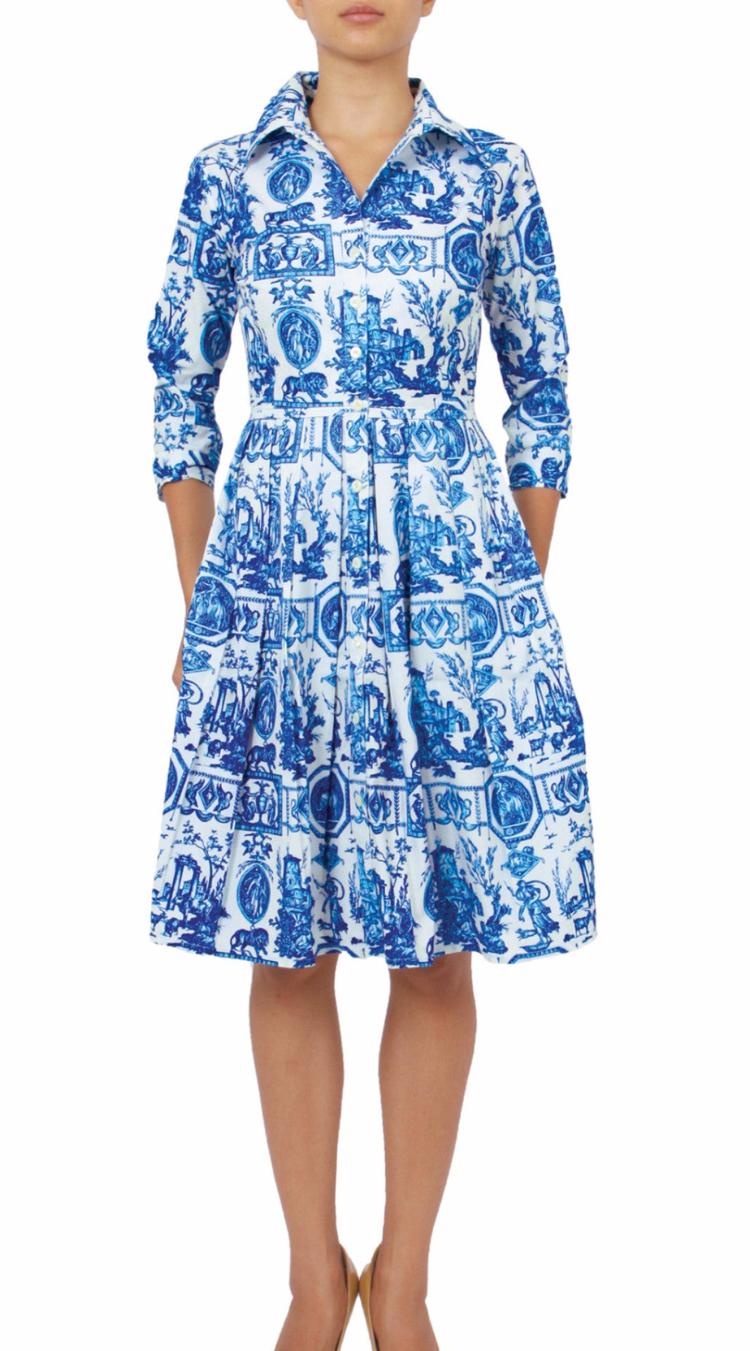 3/4 Sleeve | Toile du Jour | White Sea Blue | Front | Shirt Dress By Samantha Sung