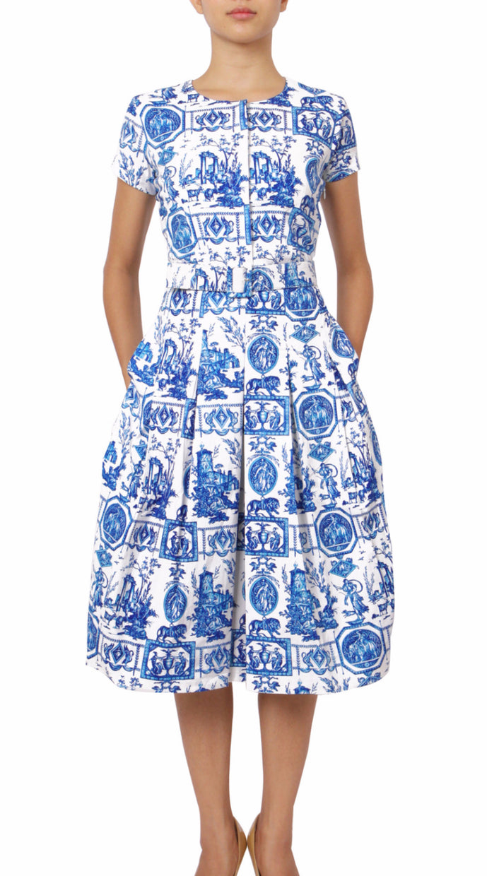 Donna Dress Crew Neck Short Sleeve Midi Cotton Stretch (Toile du Jour)