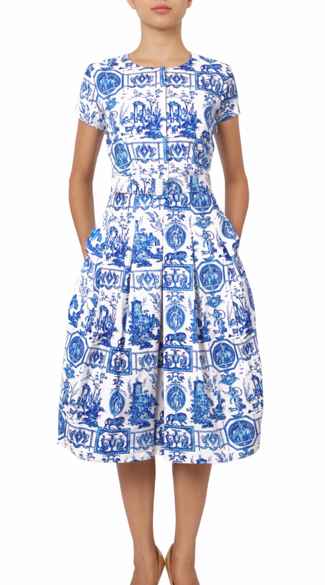 Donna Dress Crew Neck Short Sleeve Midi Cotton Stretch (Toile du Jour)