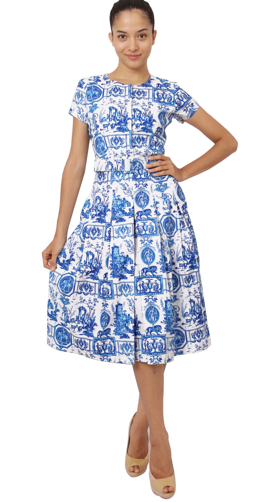 Donna Dress Crew Neck Short Sleeve Midi Cotton Stretch (Toile du Jour)