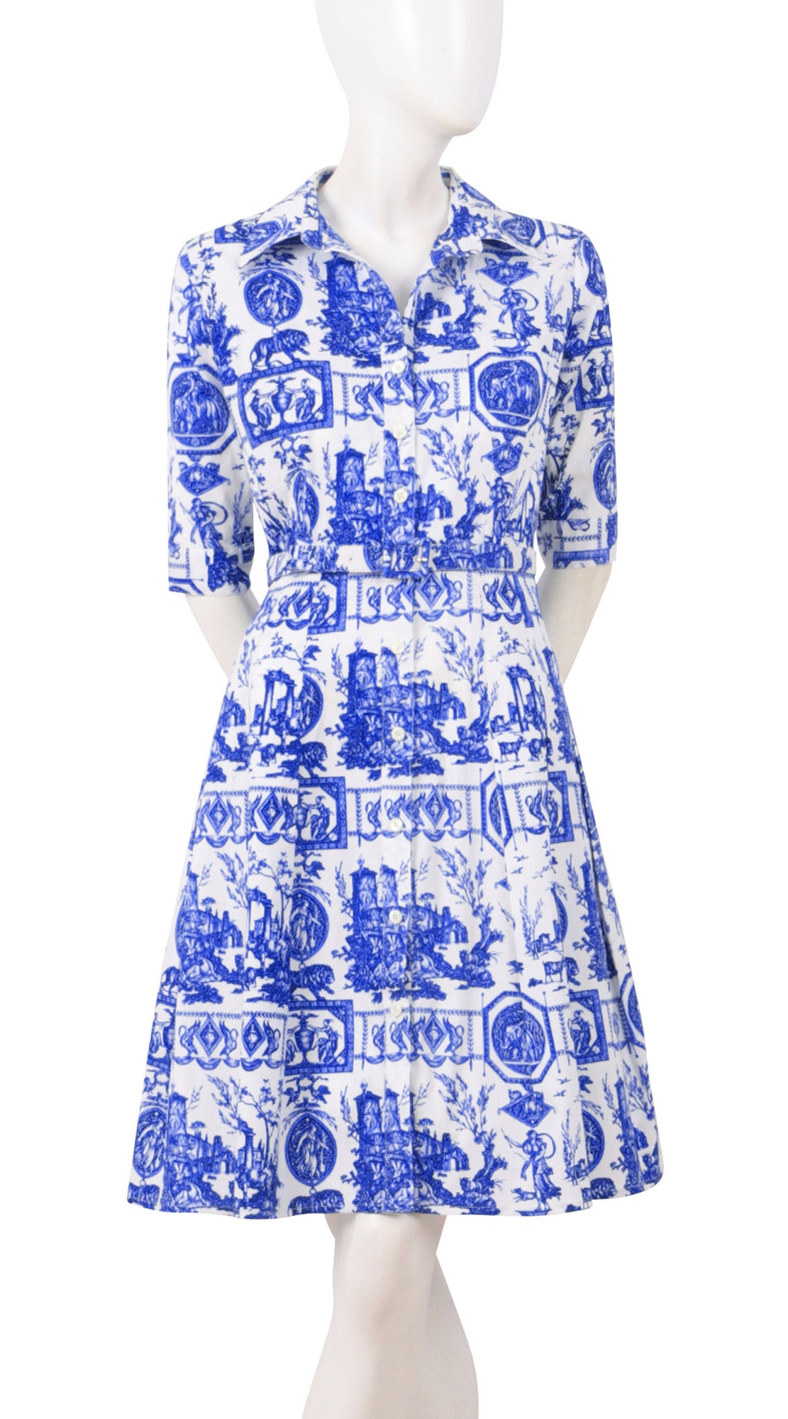 1/2 Sleeve | Toile du Jour | White Cobalt Blue | Front | Shirt Dress By Samantha Sung