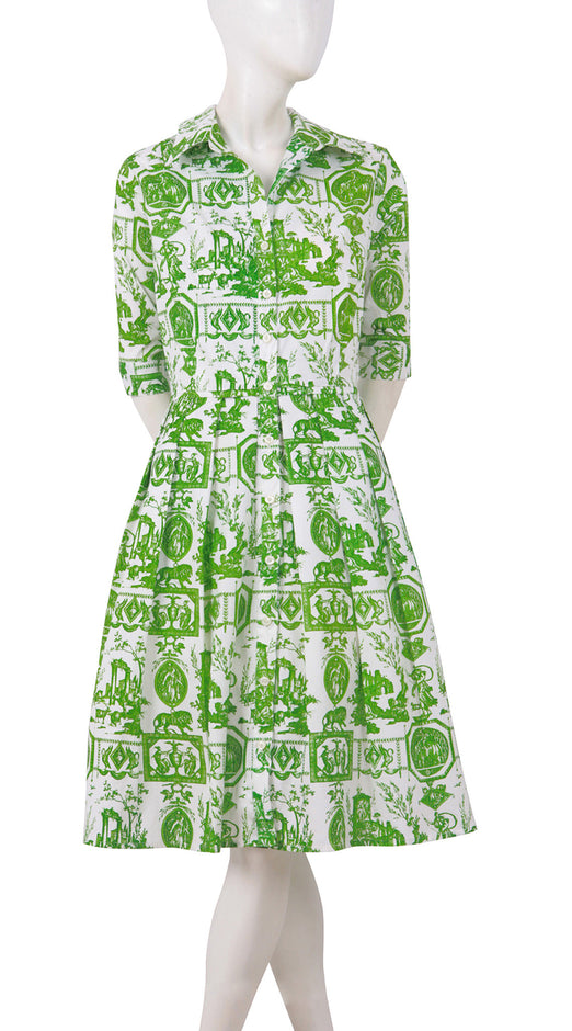 1/2 Sleeve | Toile du Jour | White Grass Green | Front | Shirt Dress By Samantha Sung