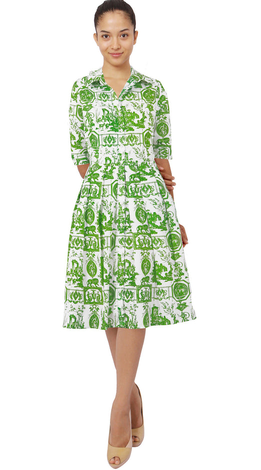 1/2 Sleeve | Toile du Jour | White Grass Green | Front | Shirt Dress By Samantha Sung