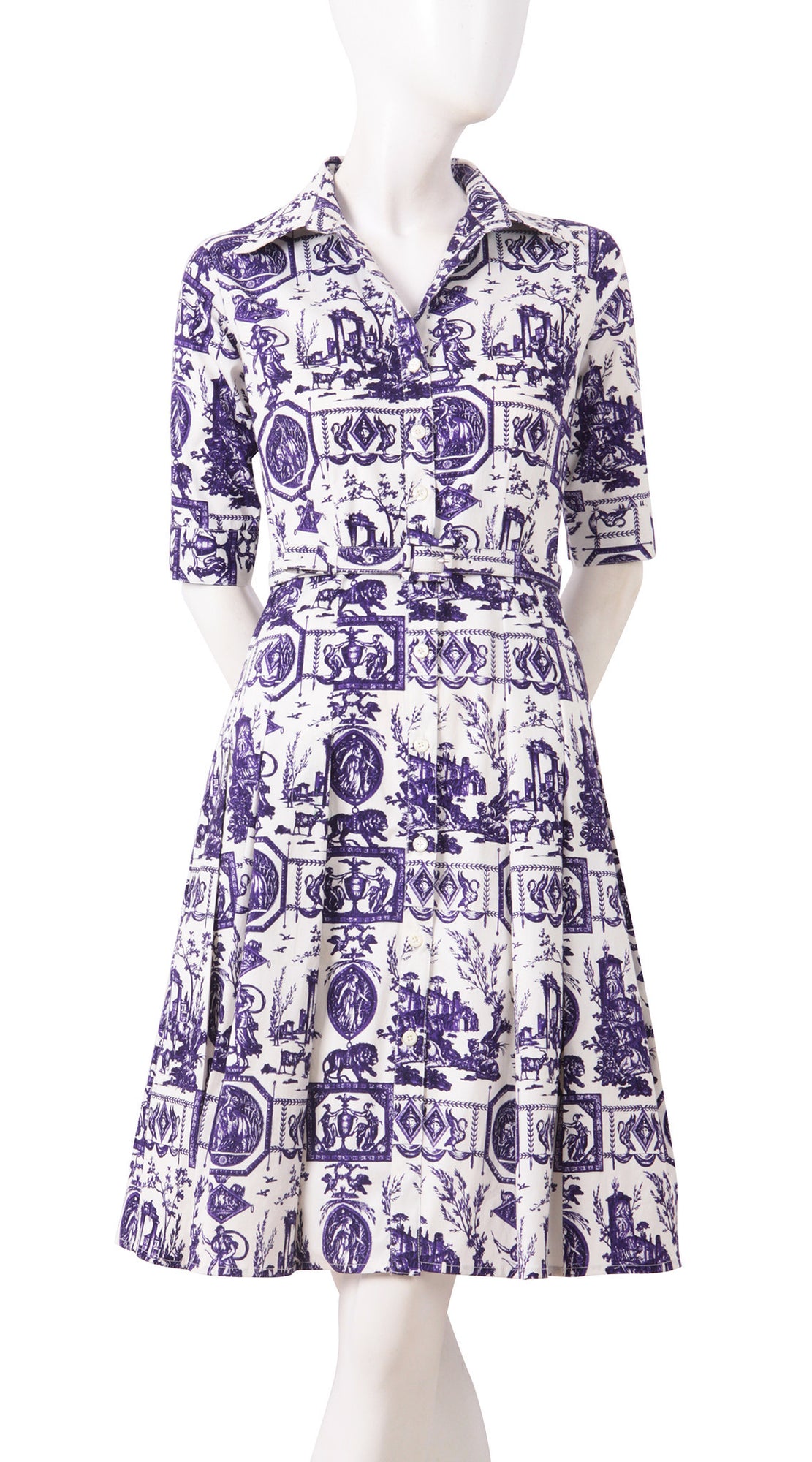 1/2 Sleeve | Toile du Jour | White Lilac | Front | Shirt Dress By Samantha Sung